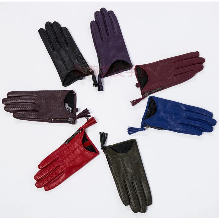 Importierte echtes Leder Touchpad Sensible Handschuhe Damen Herbst und Winter dünnes Fleece verdicktes warmes Fahren Reißverschluss Quaste kurze Goa9579341