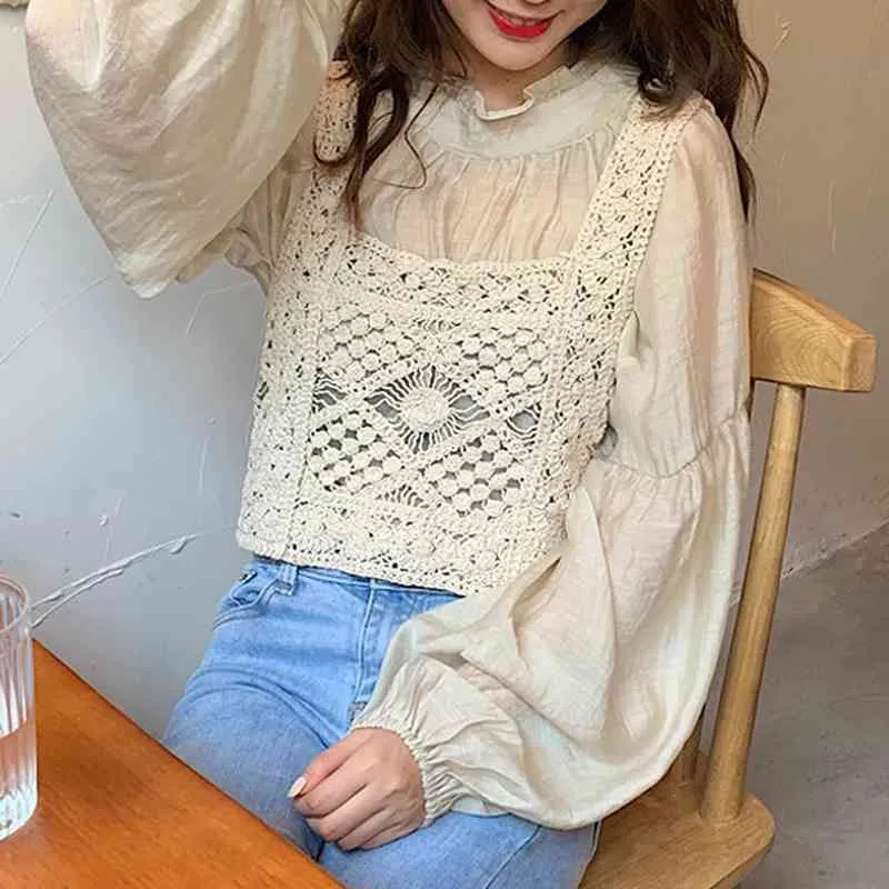 Ezgaga Korean Fashion Two Piece Set Women Blouse Shirts Hollow Out Knitted Vest Loose Sweet Pullover All-Match Casual Tops 210430