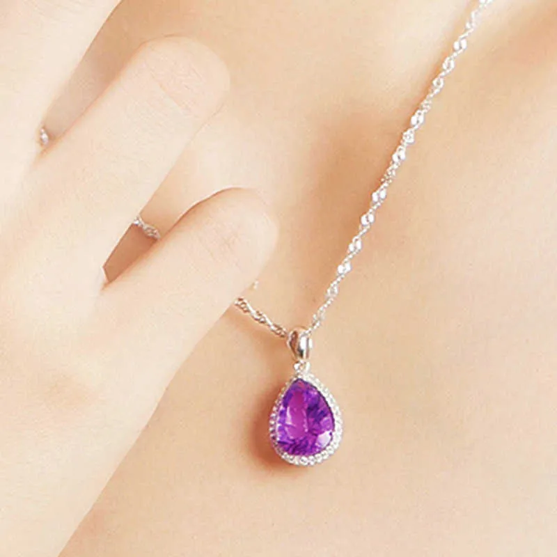 Colliers pour femmes en cristal pendentif goutte larmes d'ange améthyste naturelle chaîne de clavicule courte pour femme diamant violet plaqué or argent