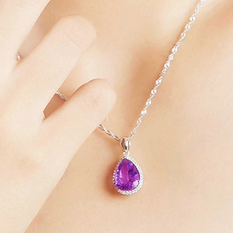 Crystal Womens ожерелья кулон капля натуральный аметист слезы ангела фиолетовый алмазные женские короткими ключицей цепочками