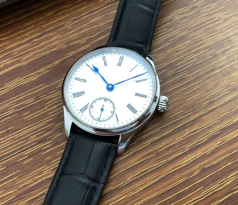 Relógios de pulso 41mm sem logotipo esmalte mostrador branco asiático 6498 17 jóias mão mecânica movimento vento mãos azuis relógios masculinos GR23-269m