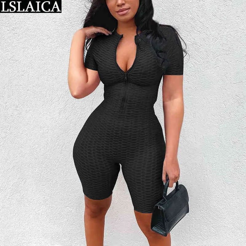 Partihandel Jumpsuit Women Short Sleeve Zipper Slim Fashion Sommar Overaller Sportkläder Casual Fitness Runway Romper Solid Color 210520