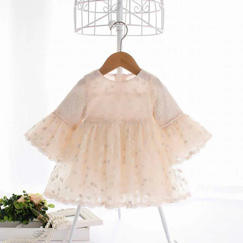 Robe d'automne Champagne dentelle bébé fille manches évasées princesse enfants vêtements 1-4T E2186 210610