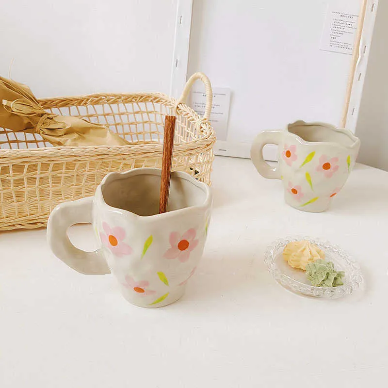 CuteLife Nordic Fiore bianco Tazza da caffè in ceramica Cucina Tè al latte Bicchieri Tazza da colazione Porcellana Coppia vintage Regali Tazza carina 210804