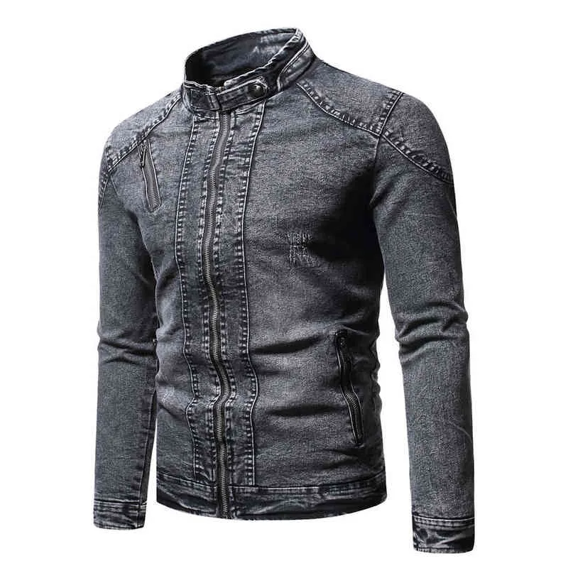 Denim Kurtka Mężczyźni Moto Biker Jean Jesień Winter Moda Solid Plus Velvet Stand Collar S Casual Coat 211214
