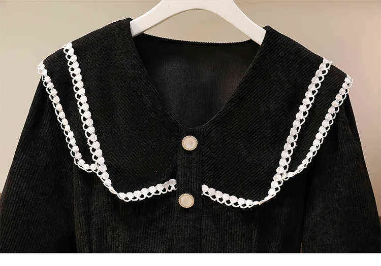 Women Plus Size 4XL Christmas Corduroy Party Dress Long Sleeve Sweet Lace Navy collar Vintage Dress New Winter Outwear Clothing Y1204