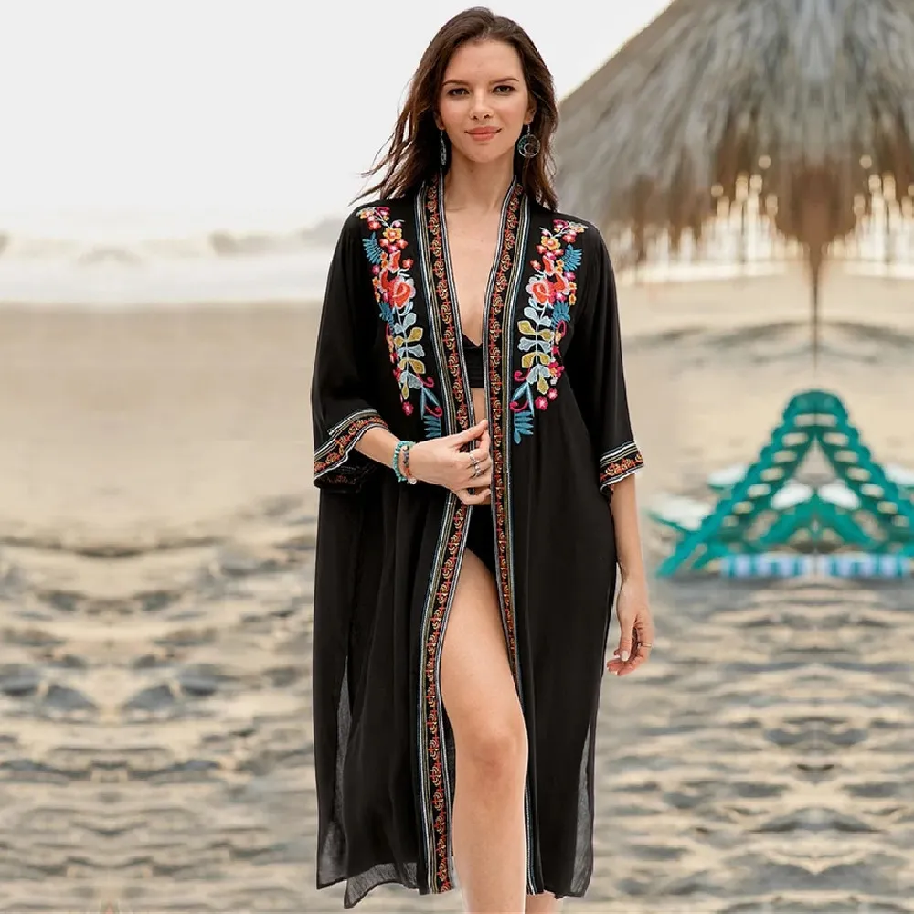 Kimono cardigan lungo a metà polpaccio ricamato nero Plus Size Beachwear Parei Plage Donna Top Camicetta Camicie Q940 210326