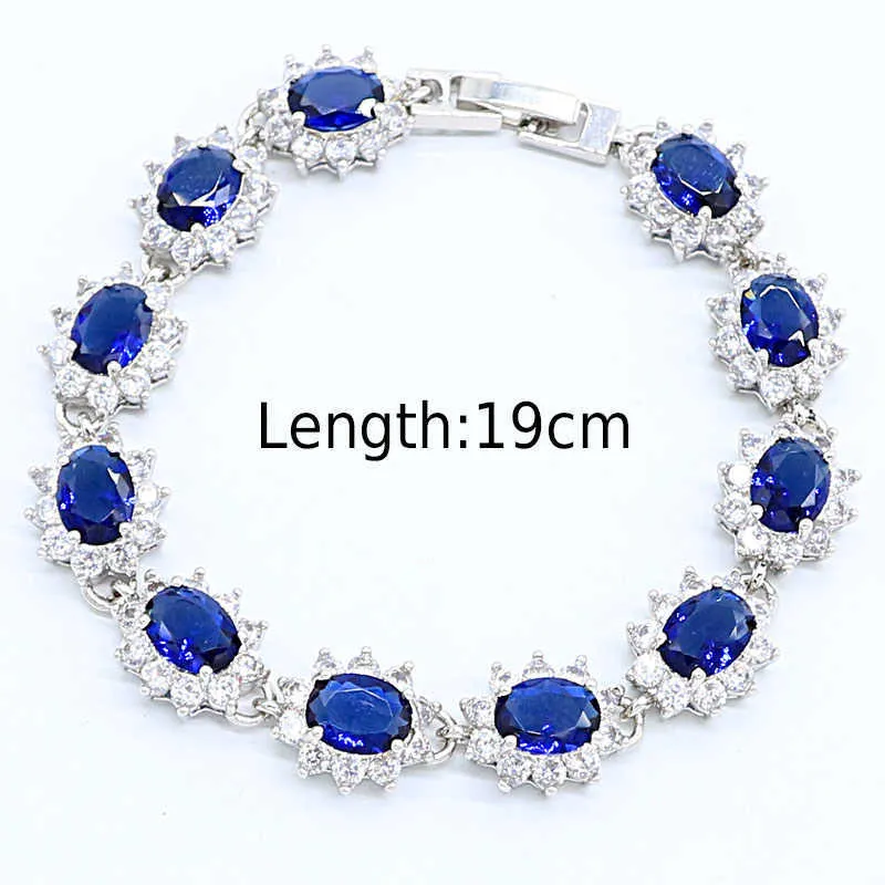 Classique bleu pierres ensembles de bijoux couleur argent boucles d'oreilles de mariée pour femmes Bracelet collier anneaux ensemble cadeaux boîte H1022