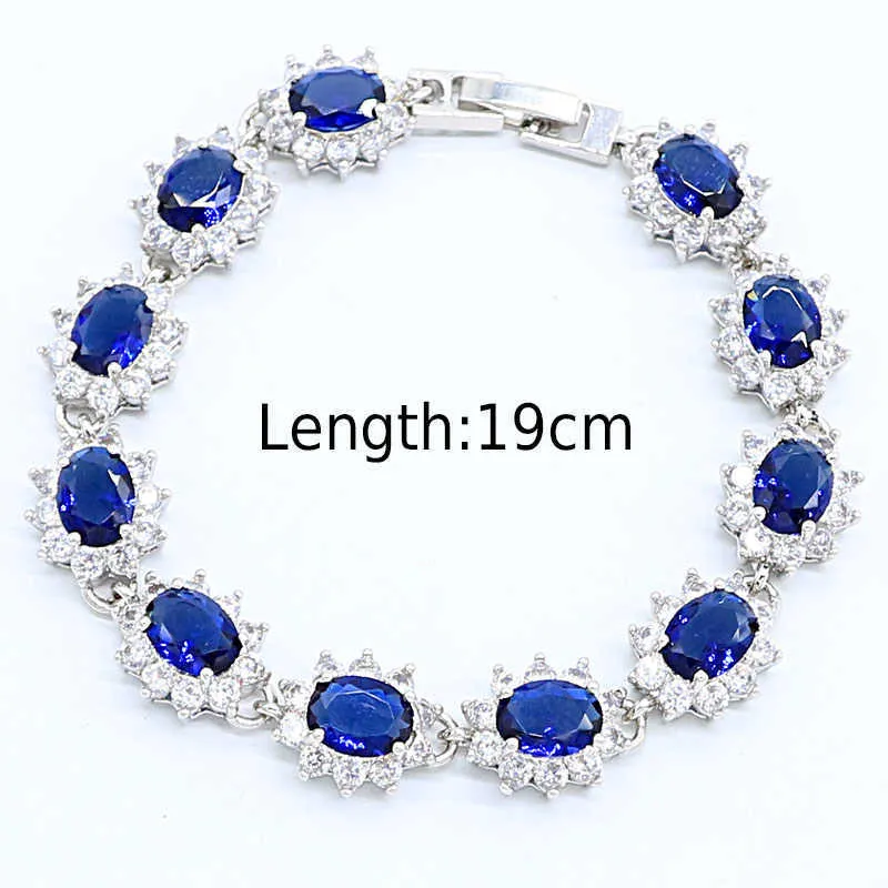 Klassieke blauwe stenen sieraden sets zilveren kleur bruids oorbellen voor vrouwen armband ketting ringen set geschenken doos H1022