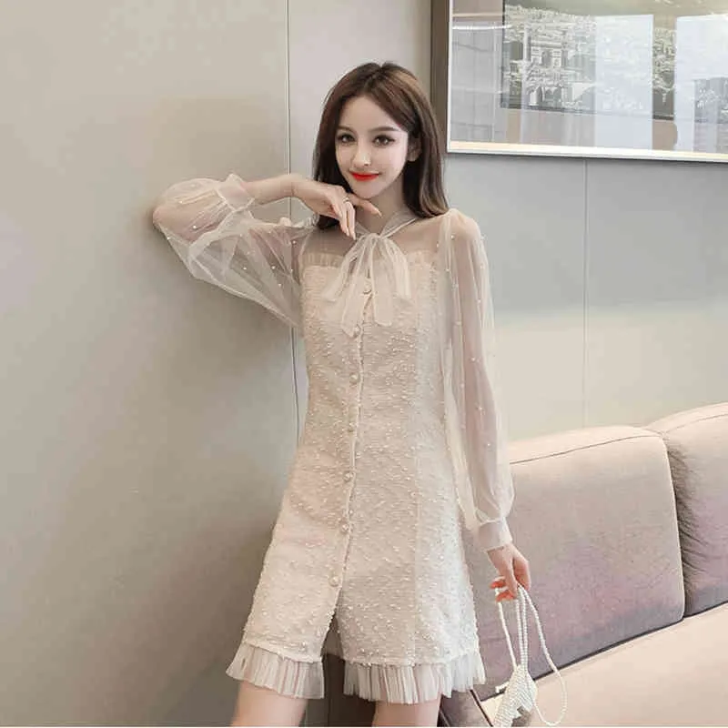 Spring Autumn Women's Dresses Korean Style Sexy Solid Color Net Gauze Beaded Waist Slim Long Sleeve A-line LL617 210506