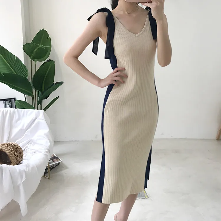 Fashion women's dress summer temperament V-neck color matching bow split hip skirt thin waist 210520