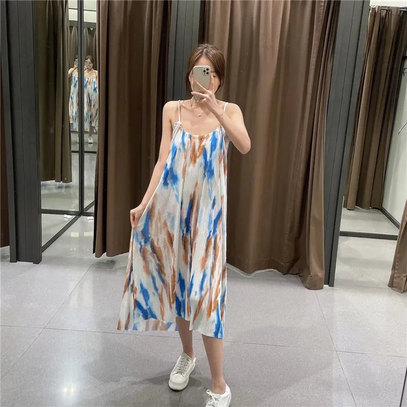 Sommerkleid Tie Dye Slip Long ES Frau Chic Plissee Rückenfrei Sexy Strand Frauen Urlaub Casual ES 210519