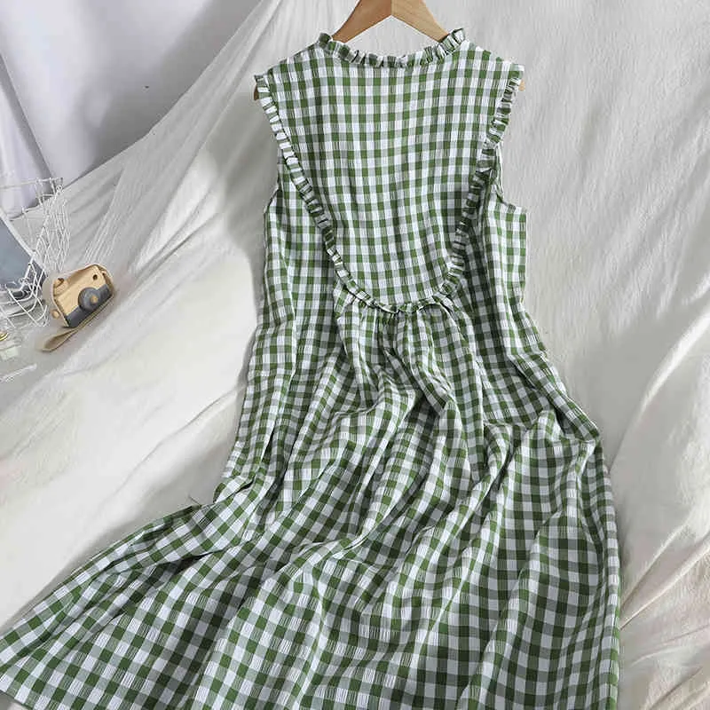 Kimutomo chique plaid jurken vrouwen koreaanse v-hals mouwloze single breasted slanke taille vestido feminino lente zomer 210521