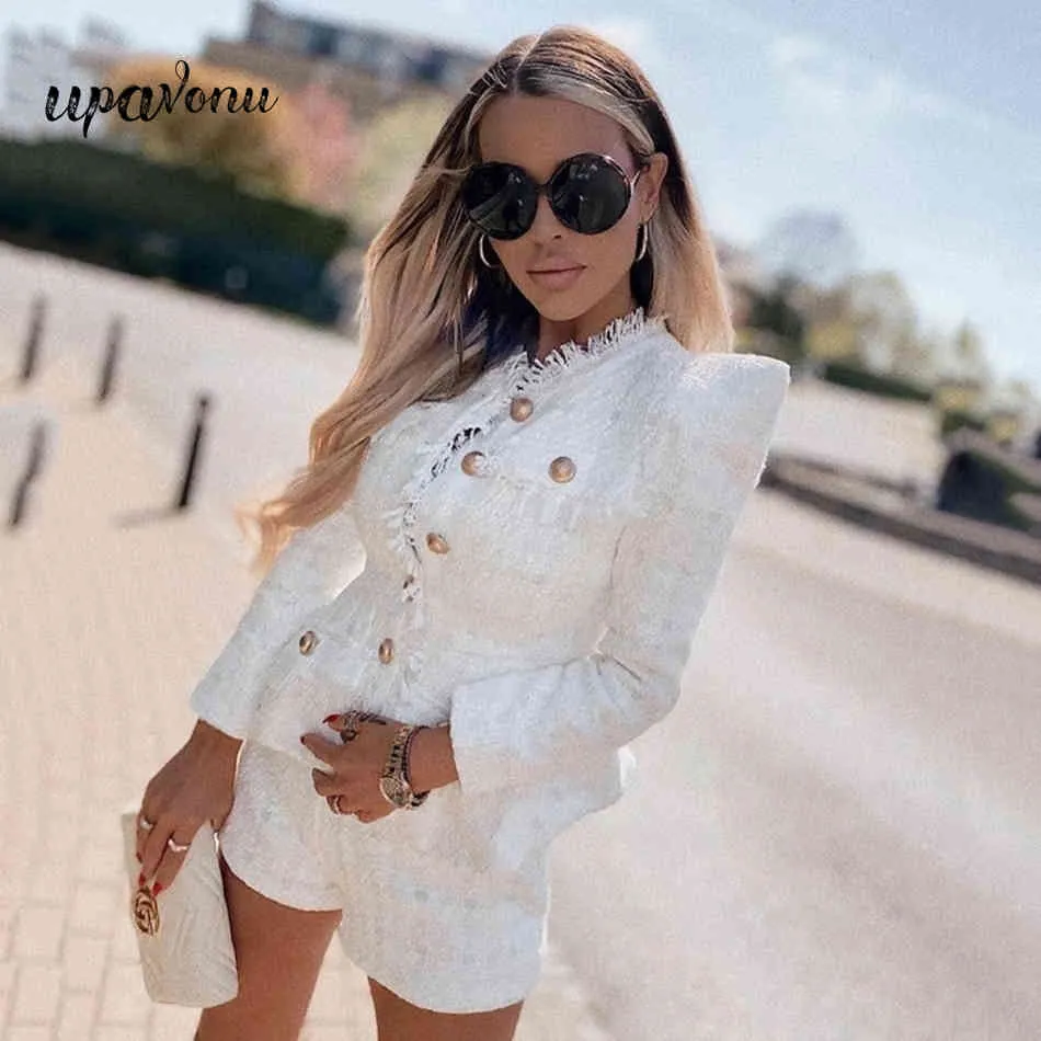 Free High Quality Designer Runway Suit Women's Gold Button Tweed Jacket Shorts Set White 210524