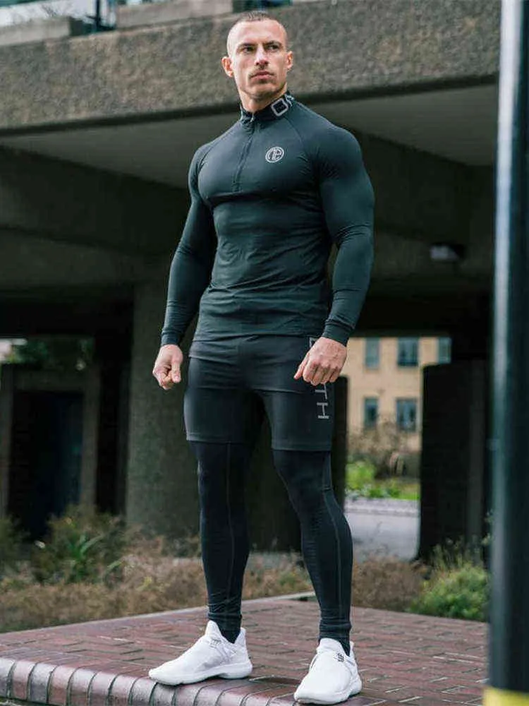 Mäns mager fitness 3 stycken sätter bodybuilding cykling stretch tracksuiter tight långärmad sportkläder + 2 i 1 leggings byxor 211220