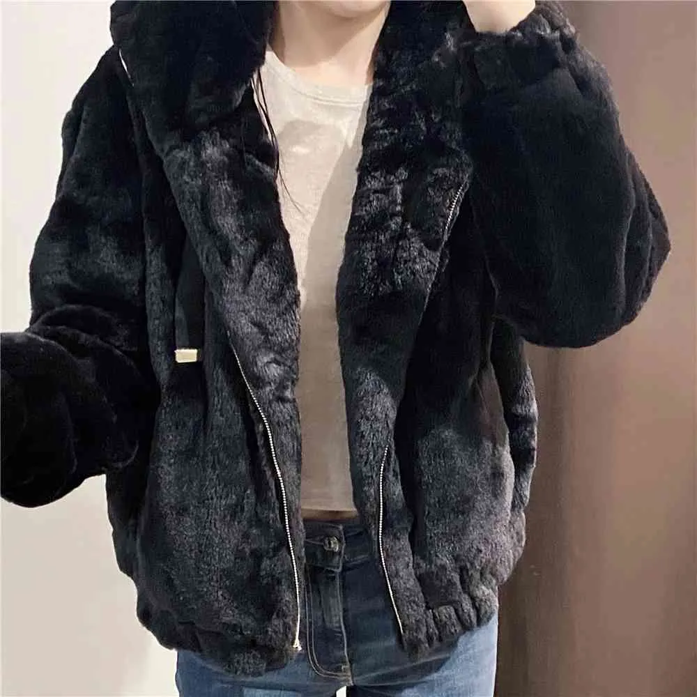 ZA Mulheres Moda Inverno Faux Fur Hooded Jacket Feminino Alto Collar Ajustável Cauz Ajustável Capa de Mangas compridas Bolsos Zip-Up Jacket 210510