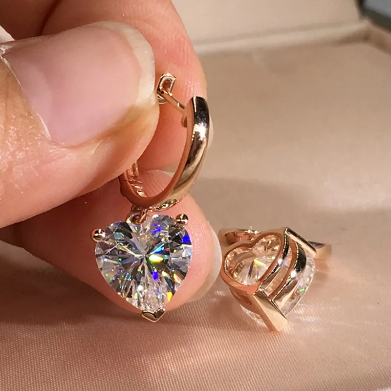 Encantadores pendientes de aro de oro rosa de 18 quilates en forma de corazón CZ cristal diamante colgante joyería regalo para mujeres niñas