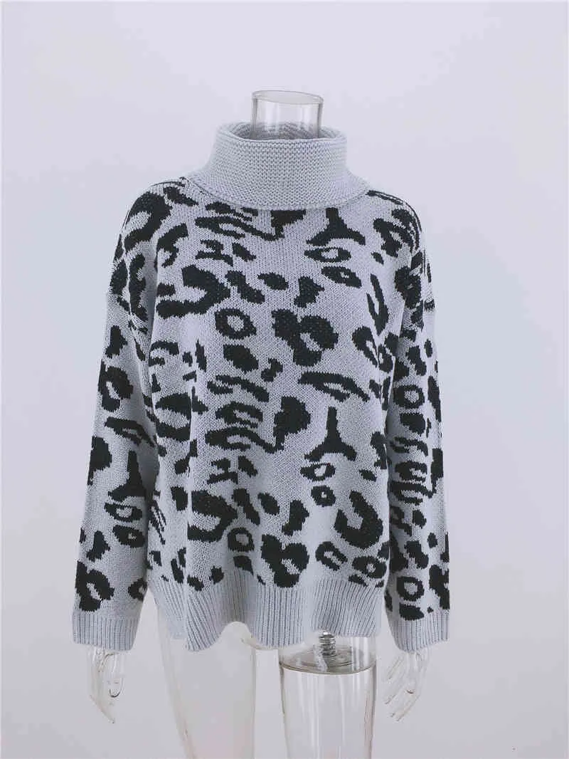 Qooth Animal Print Jumper Women Leopard Crochet Top Knitwear Turtleneck Long Sleeve Pullover Sweaters Women Jumper QT334 210518