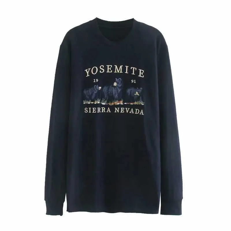 Ragazze oversize ricamo felpe blu moda autunno signore eleganti pullover sciolti femminile carino felpa donna chic 210602