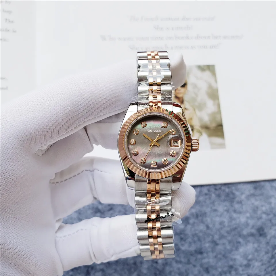 26mm femmes dame automatique mécanique horloge diamants saphir montre en acier inoxydable deux tons marque Design gris coquille cadran montres