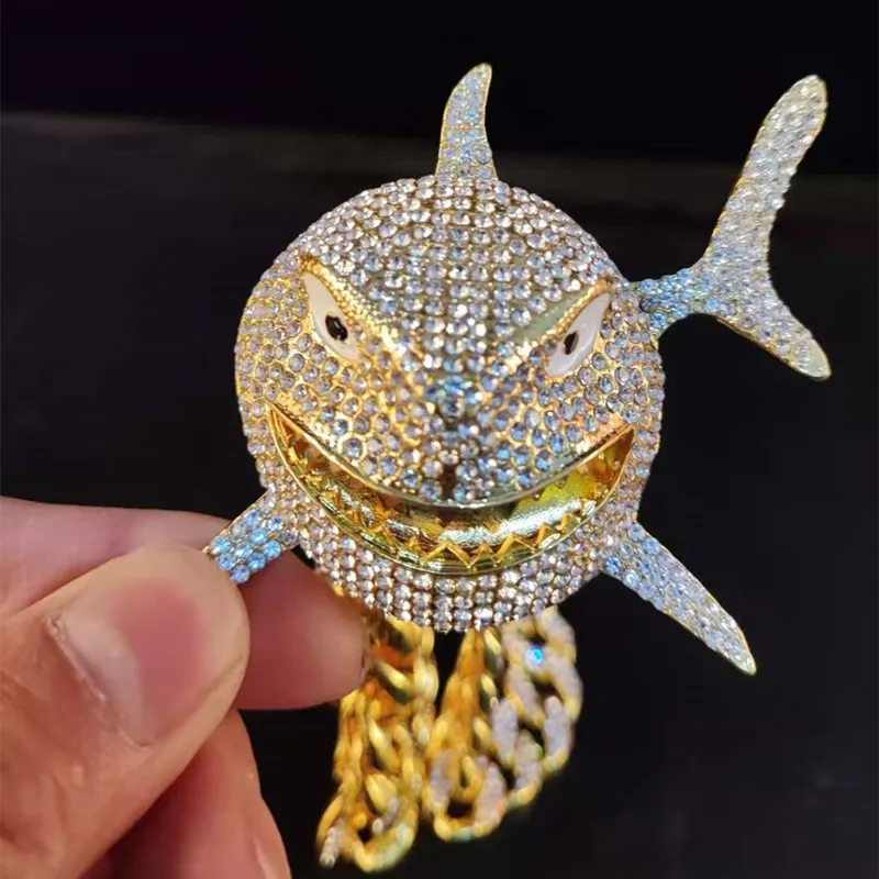 Big Size Shark Pendant Necklace For Men 6IX9INE Hip Hop Bling Jewelry With Iced Out Crystal Miami Cuban Chain fashion jewelry 2103190w