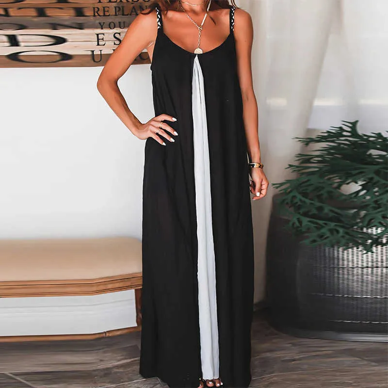 2021 Summer Women Fashion Sexy Backless Beach Party Dresses Sling Design Dress Vintage Elegant Black White Patchwork Long Dress Y1006