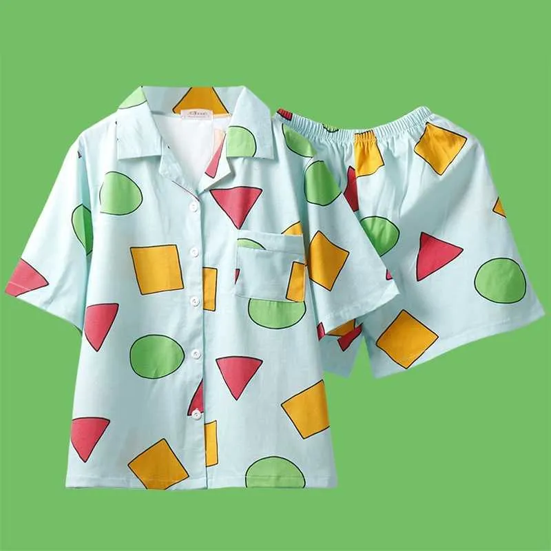 Conjuntos de pijama bonito das mulheres Homens Grande Tamanho Impressão Geométrica 3 Peças Set Tops Manga Curta + Shorts Elastic Waist + Blinder Solto S98191 210622