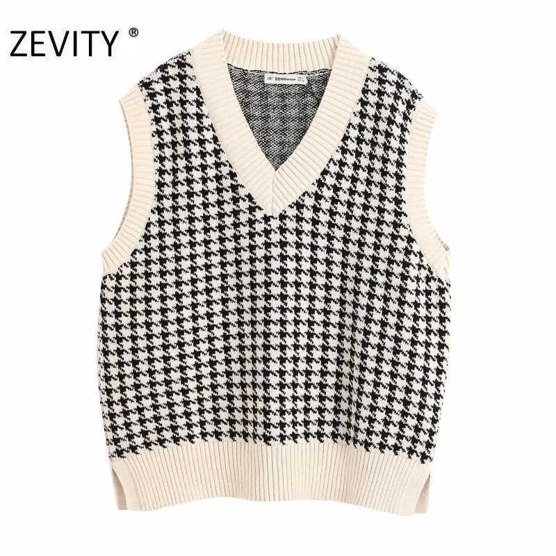 Zevity女性のファッションVネック千鳥格子縞パッチワークベストジャケットオフィスレディースノースリーブカジュアルスリムウエストコートトップスS378 210603