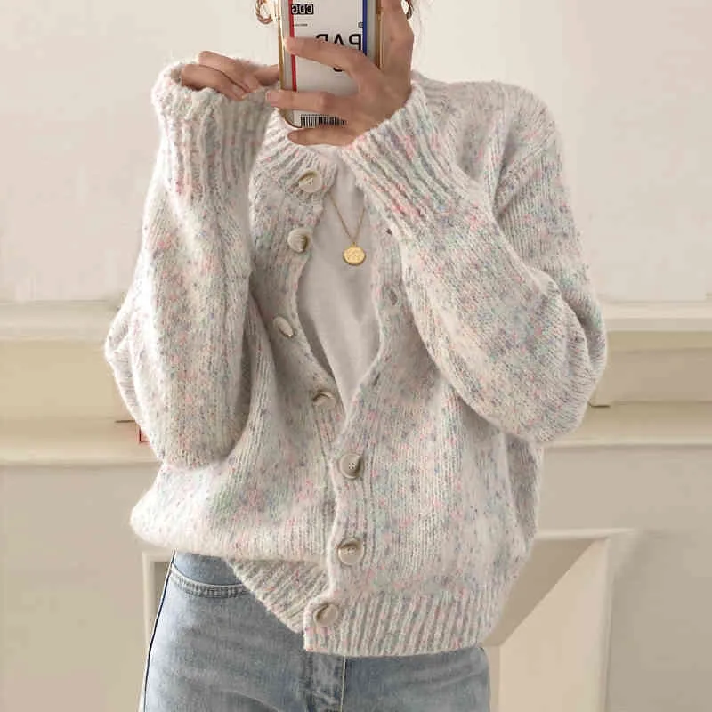 Qooth Thickness Autumn Elegant Cardigan Women Full Sleeve Sweater Office Winter Women O-neck Loose Ins Clothes Coats QT428 210518