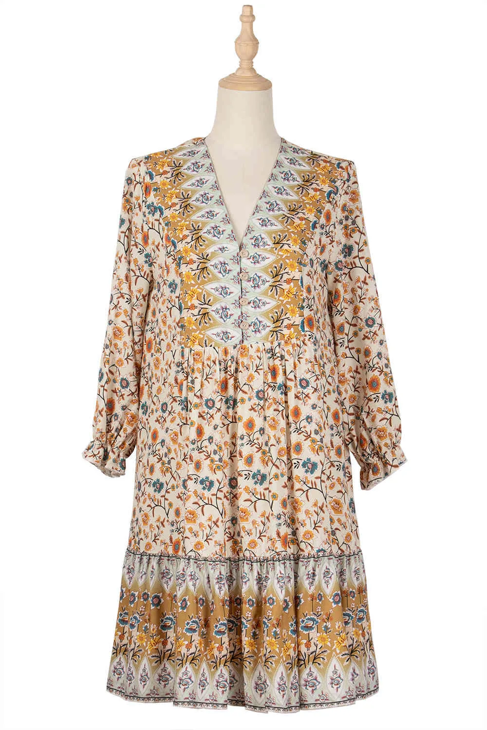 Frühlingsdruck Vintage Kleid Frauen Casual Schmetterlingsärmel V-Ausschnitt Boho Kurzes Kleid für Frauen Mode Lose Sommerkleider 210521