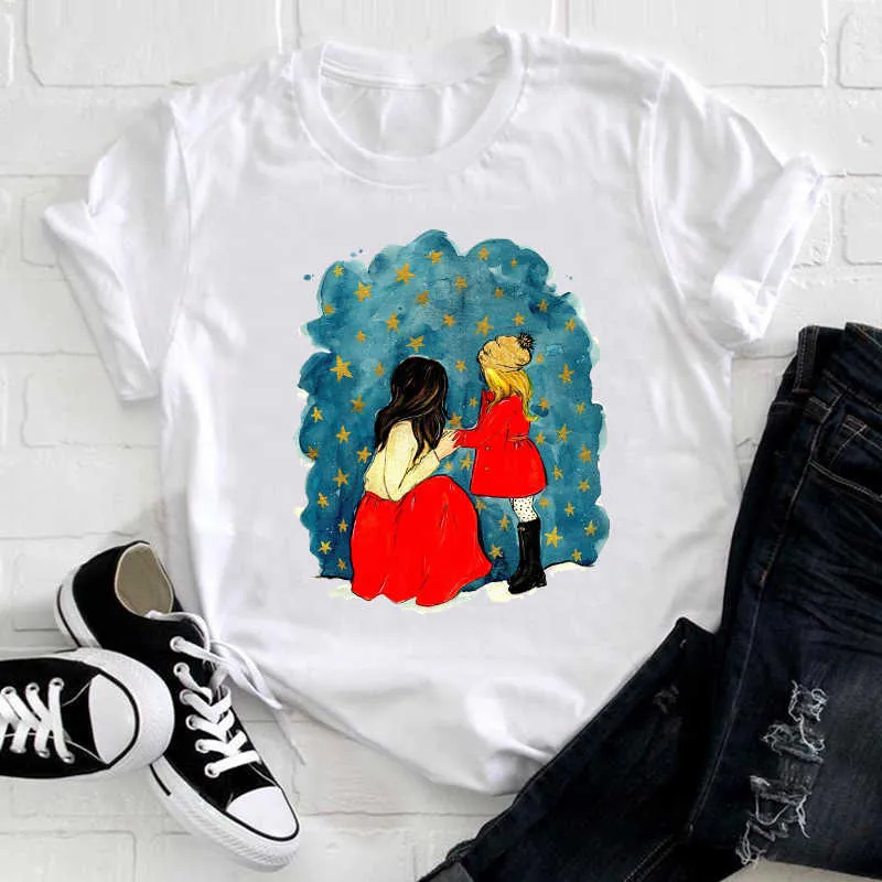 Donna Cartone animato anni '90 Stile a righe Ragazzo Figlio Ragazza Figlia Mamma Mamma Vestiti la madre Stampa Tee Top Maglietta Donna T-shirt grafica X0628