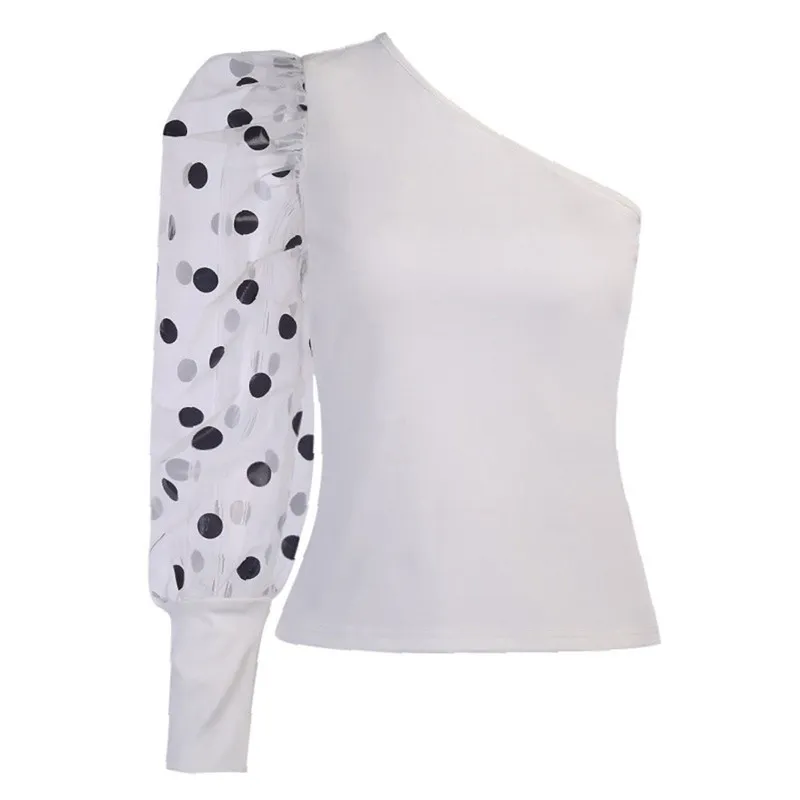 Kobiety Bluzka Mesh Sheer Rękaw Puff Top Jeden Ramię Lady Koszula Sexy Odzież Slim Fit Female Polka Dot Drukuj Streetwear 210522