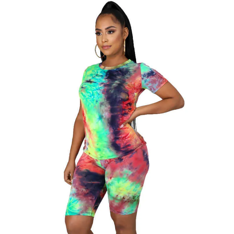 2021 Sommer Kleidung Sexy Frauen Plus Größe 5XL Outfits Jogger Biker Schweiß Tie Dye Crew Neck Zwei Stück Hosen Kurze set Y0702