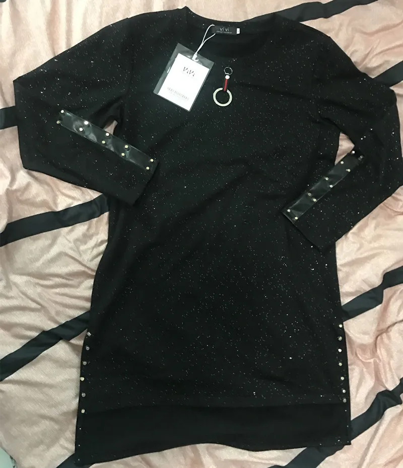 Women Black T shirt Dress Spring Autumn Streetwear Style Fashion Long Sleeve Patchwork PU Leather Rivet Dresses 210428