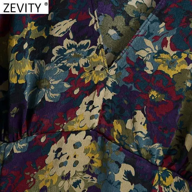 Zevity Spring Kobiety Słodkie V Neck Floral Print Linia Mini Sukienka Panie Plats Puff Sleeve Casual Slim Kimono Vestido DS4860 210603