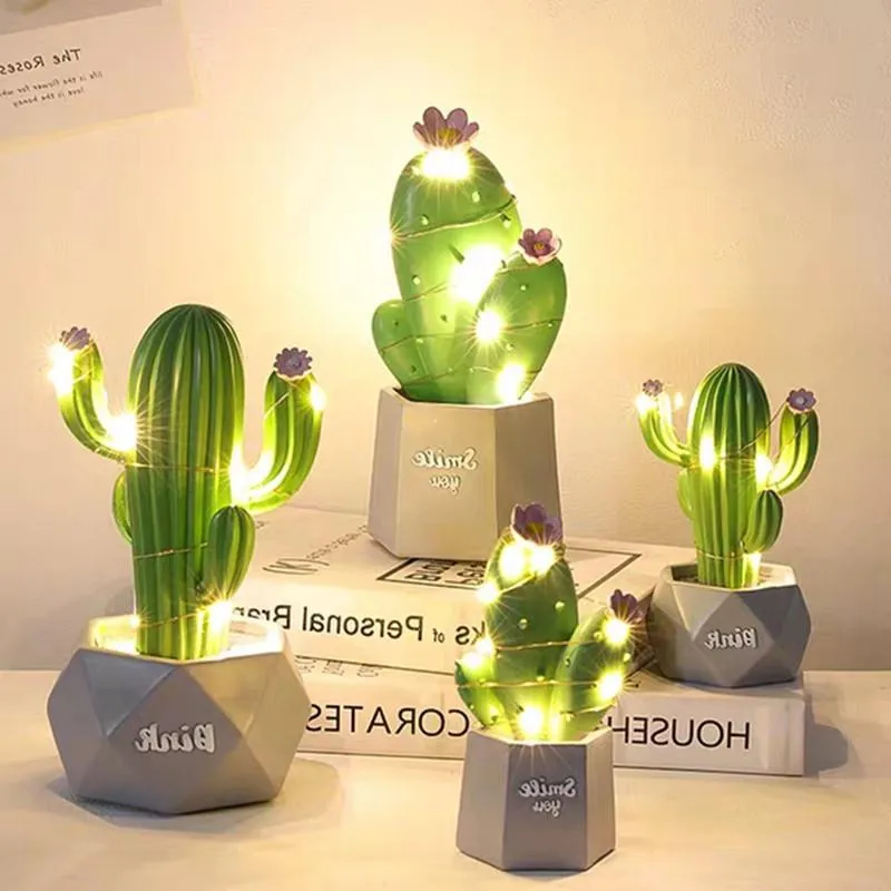 Oggetti decorativi Figurine Ins Cactus Lampada da tavolo a LED Dream Star Piccola luce notturna Decorazione della camera da letto Bel regalo le ragazze And265H