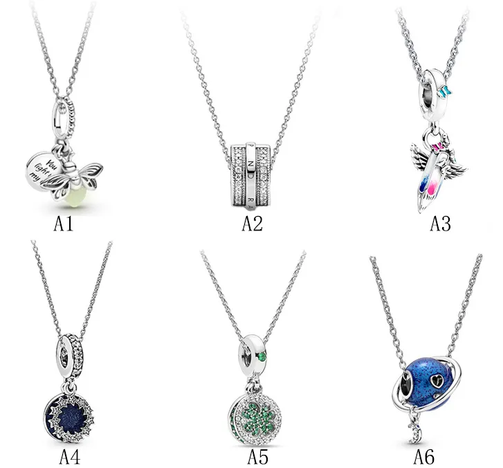 Véritable S925 Argent Sterling Fit Pandora Firefly Future Dream Crayon Collier DIY Coeur Amour Coeur Bleu Crysta Charme Pour Couple Collier Perles Charms