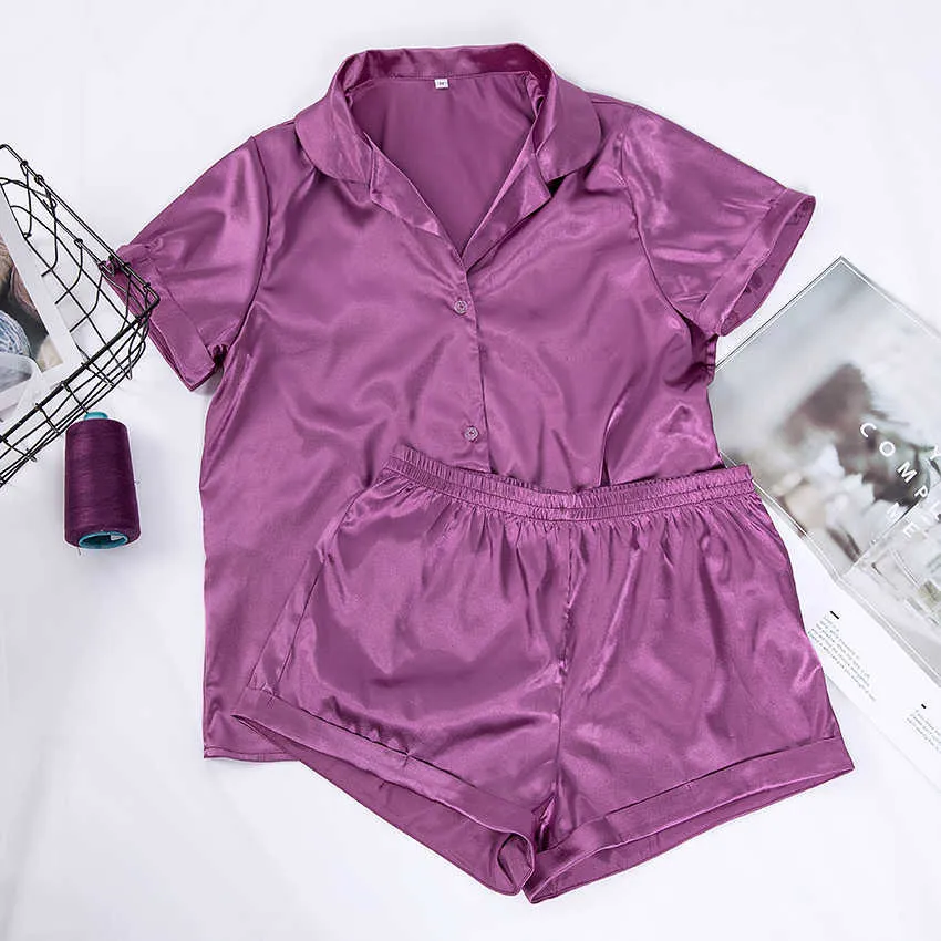 HiLoc Твердые атласные пижамы Шелковый пижамный комплект Топ и шорты Пижамы из двух частей Женская пижама с коротким рукавом Домашний костюм Повседневный 2108302399548