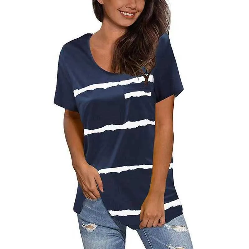 As mulheres soltas plus tamanho t-shirt Casual listrado O-pescoço de manga curta tops com bolso verão feminino impressão streetwear Tshirt S-5XL 210526