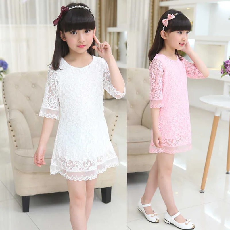 Barn 2020 ny sommar höst spetsklänning vit stor storlek flickklänning prinsessa 3 4 6 8 10 12 14 16 18 år gamla flickkläder Q0716