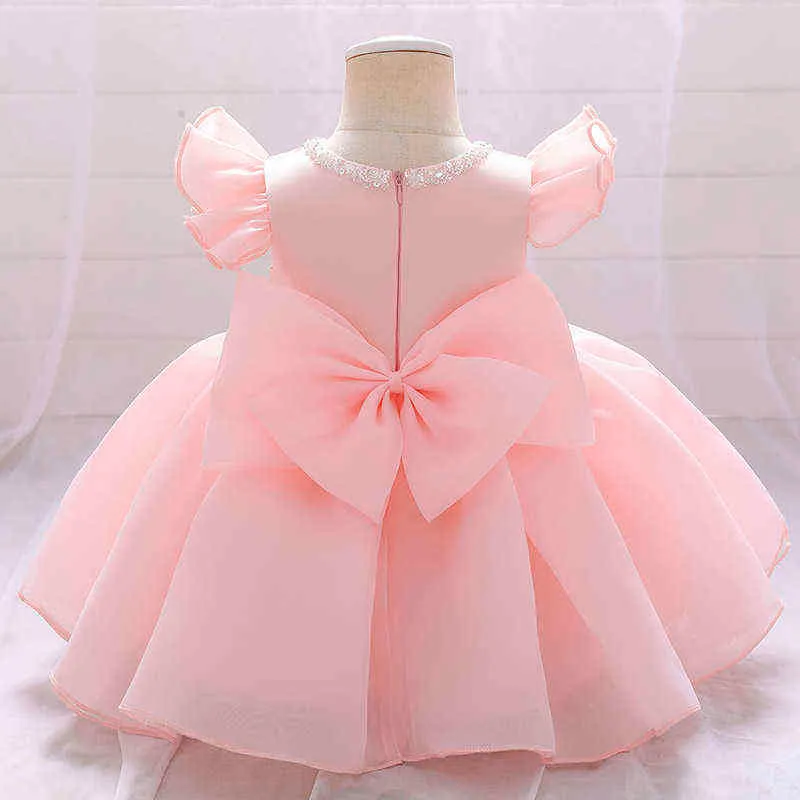 2021 Pembe Chlid Elbise Boncuk İlk Doğum Günü Elbise Için Bebek Kız Tören Balo Bow Prenses Elbise Parti Elbiseler Vestidos G1129