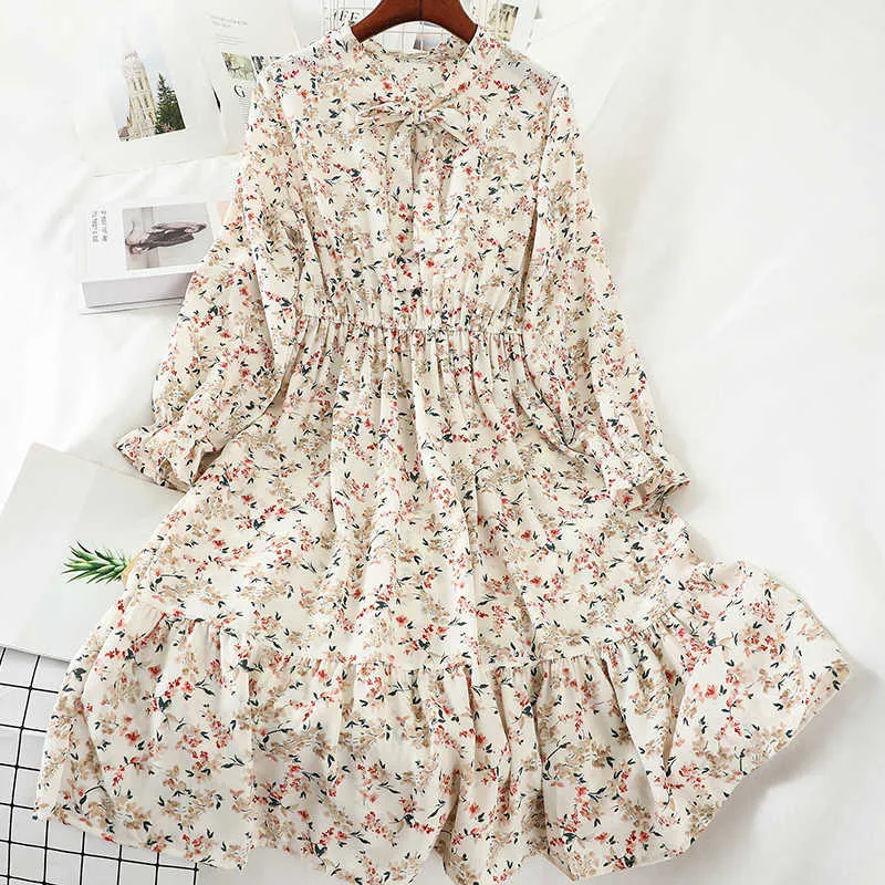 Girly Tie-collar Bowknot, Floral, Thin and Large Chiffon Mid-length Dress 210709