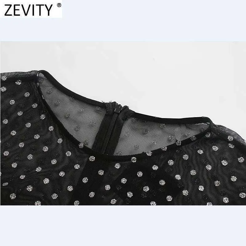 Zevity Women Sexy Sequined Dots Slim Pleated Mesh Klänning Kvinna Tre Kvartär Ärm, Chic Vestido Back Zipper Kläder DS4913 210603