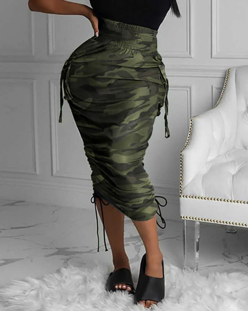 Penna kjol spaper camo utskrift stretch kvinnor bodycon tube womens damer plus storlek lång s höst vår maxi 210629