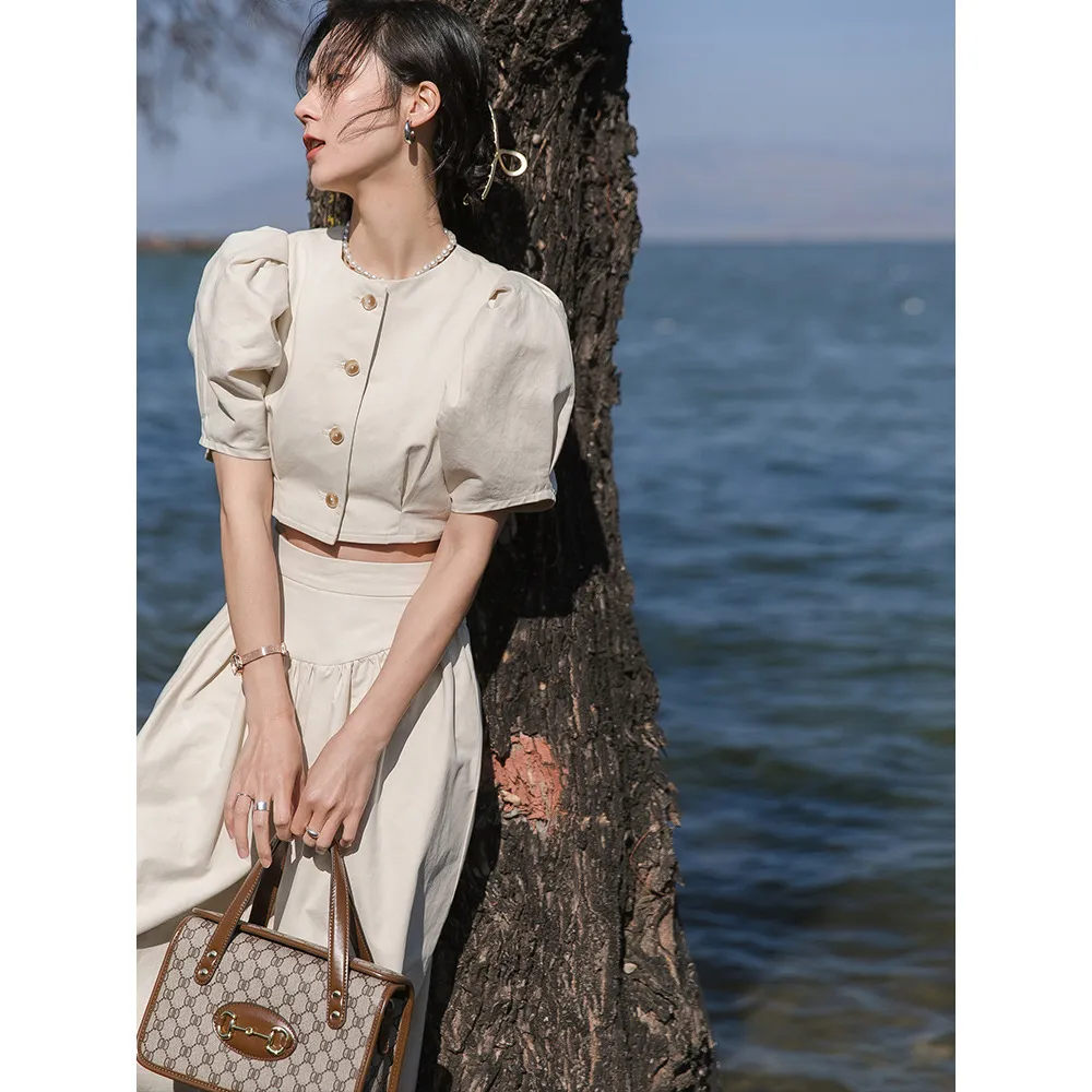 KOBOV Mulheres Conjuntos Coreano Primavera Verão Vintage Soltas Soltas Set Slow Sleeve Botão Tops e Pockets Casual Skirt Ternos 210430