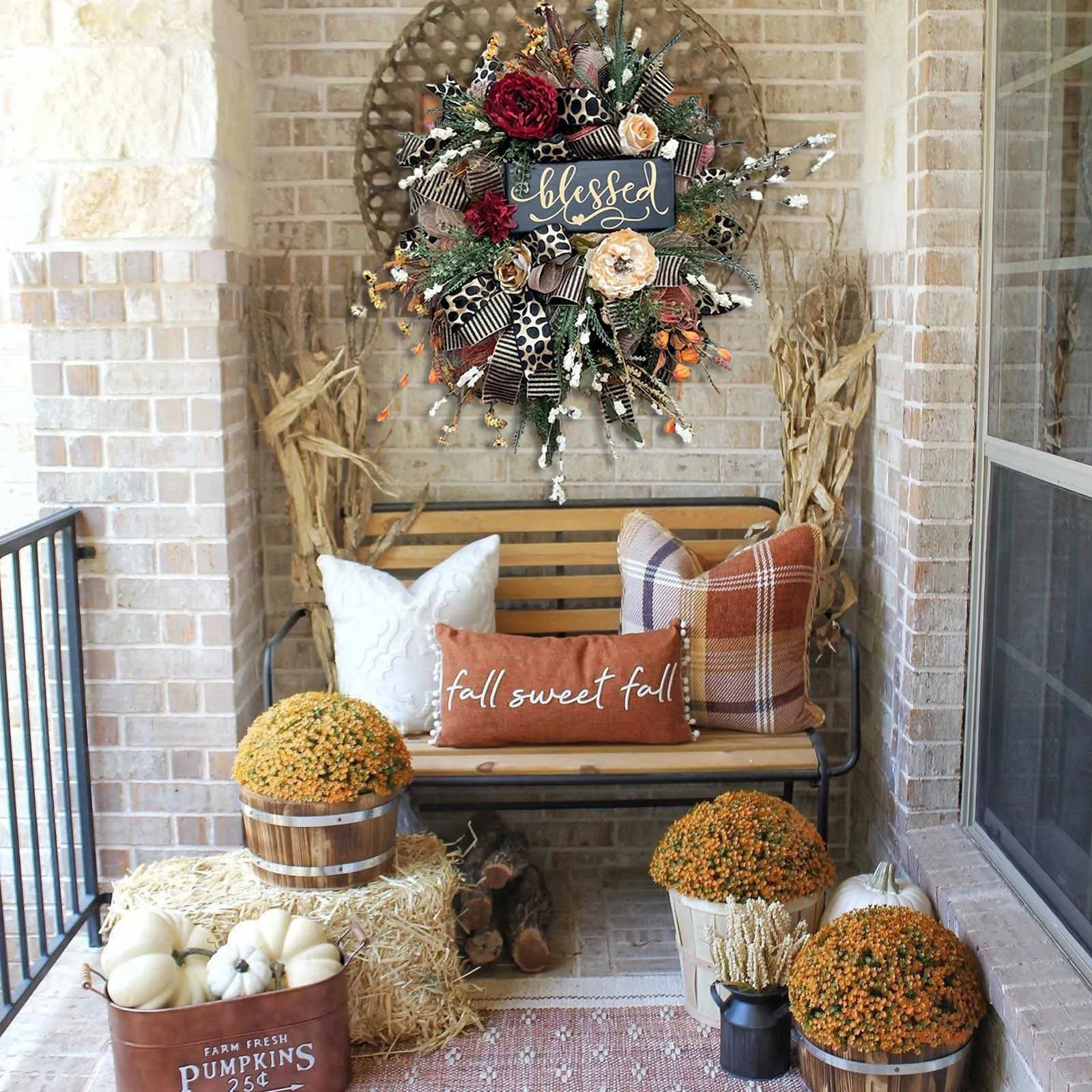 15.7 Inch Fall Artificial Round Wreath For Front Door - Home Decoration Handicraft Frame With Silk Leaves Thanksgiving Decor 211104