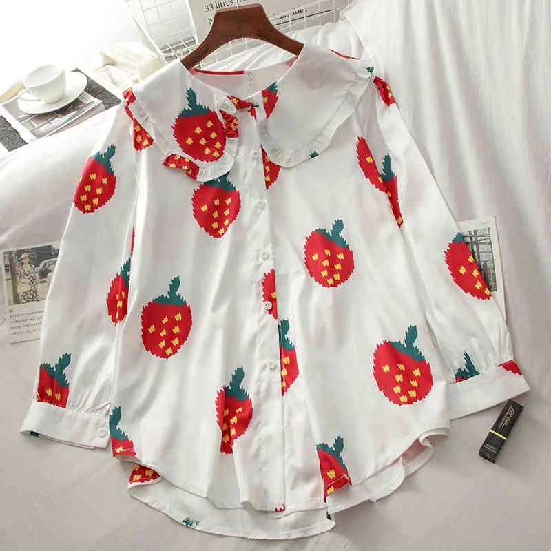 Kimutomo Sweet Girls Blouse и рубашка Милая клубника Print Peter Pan Gology с длинным рукавом Chic Tops Spring Fashion 210521