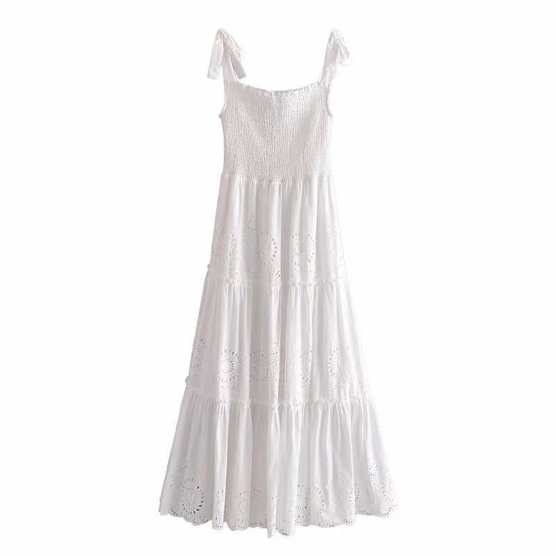 Za Openwork Embroidedストラップドレス女性袖のないスモーク弾性パーティードレスファッション刺繍ホワイトロングドレス210602