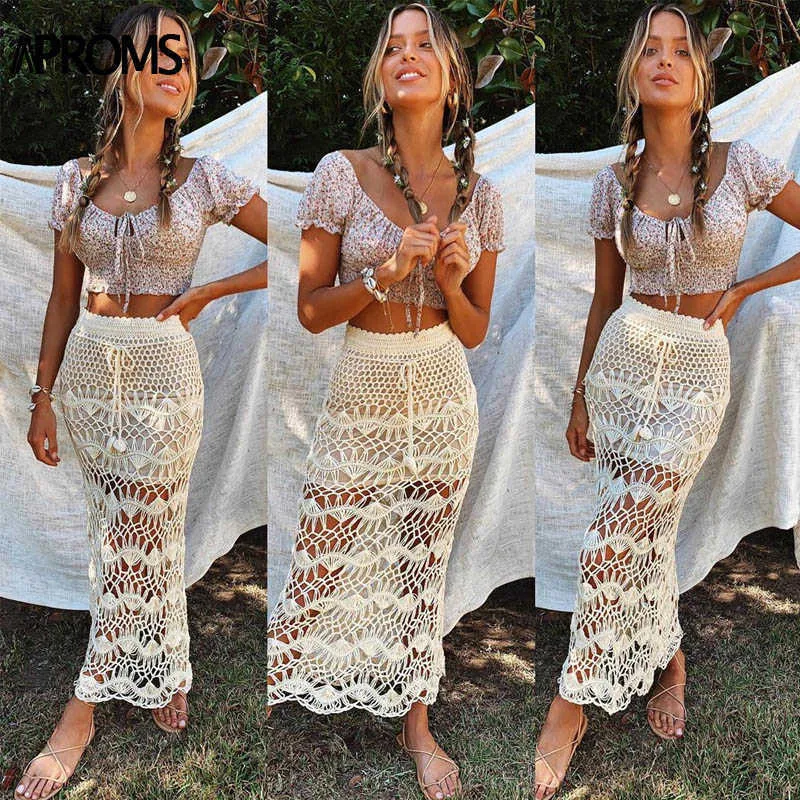 Aromski Czechy Crochet Kintted Long Maxi Spódnica Kobiety Vintage Bawełna Hollow Out Spódnicy Panie Letni Plażowy Ołówek 210621