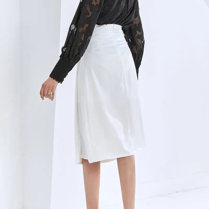 Jupe décontractée froncée pour femmes taille haute solide jupes midi minimalistes femme automne vêtements de mode 210521